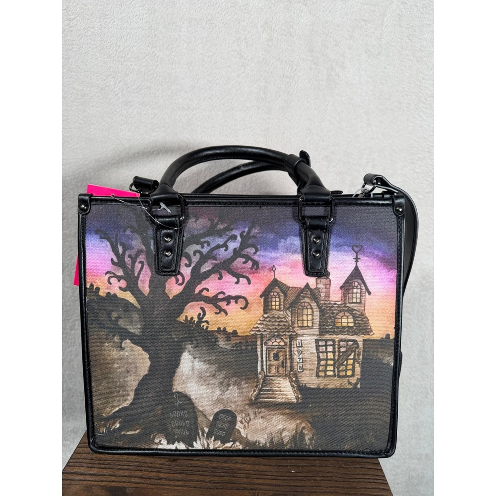 Betsey Johnson Haunted House Satchel Crossbody Bag Black Multi Halloween Bat - Picture 2 of 9